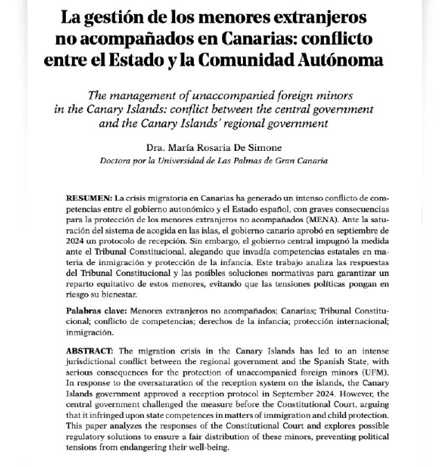 La gestión de los menores extranjeros no acompañados en Canarias: conflicto entre el Estado y la Comunidad Autónoma